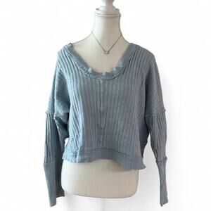 Free People V Neck Soft Blue 100% Cotton Knitted Long Sleeve Size Small